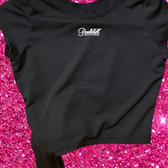 Bombshell Sportswear White Logo Mesh Jersey Side Tie Crop Top Tee Shirt Black - Picture 6 of 7